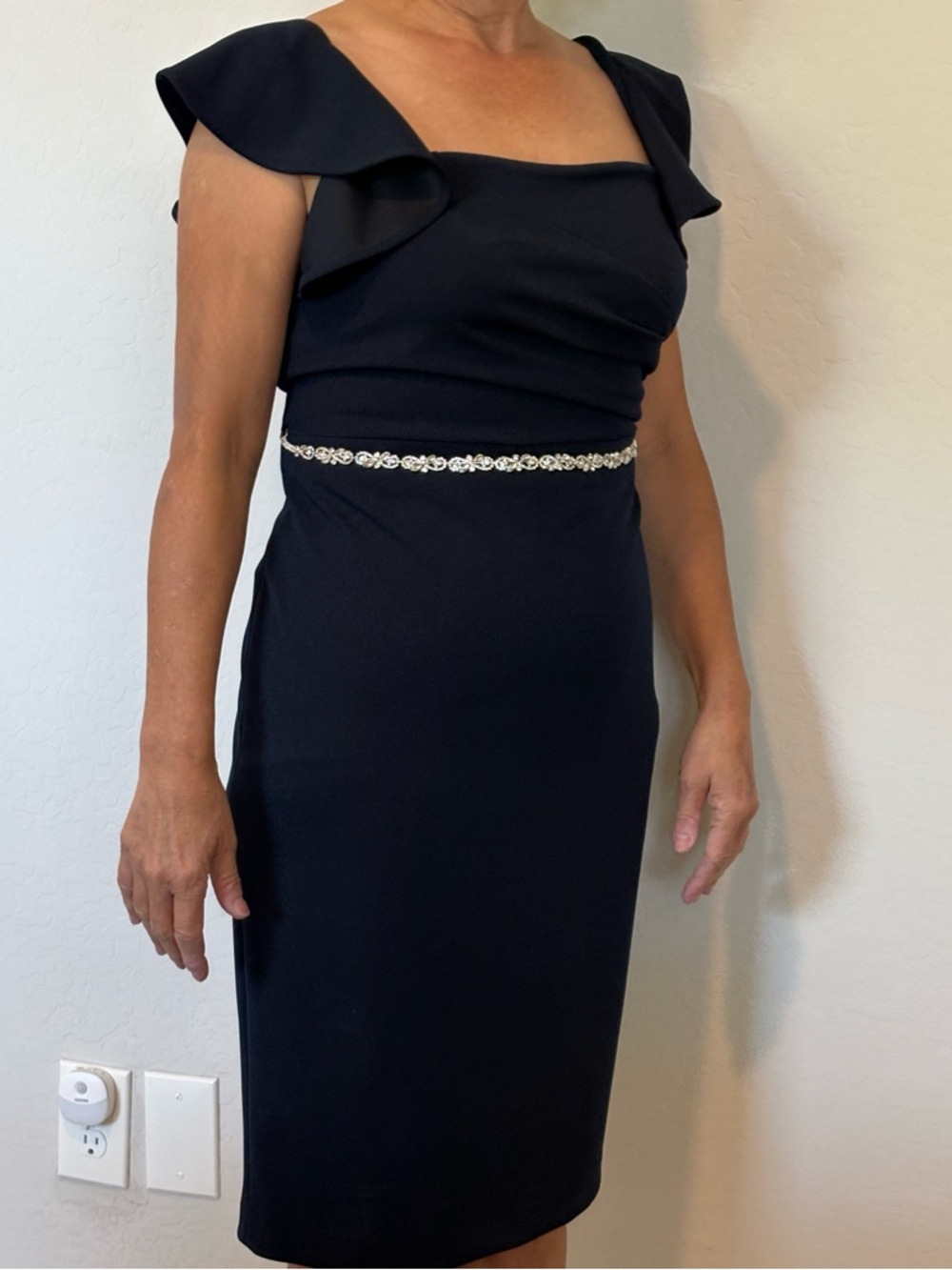 Calvin Klein Navy Midi Sheath Dress with Crystal Waist Trim
